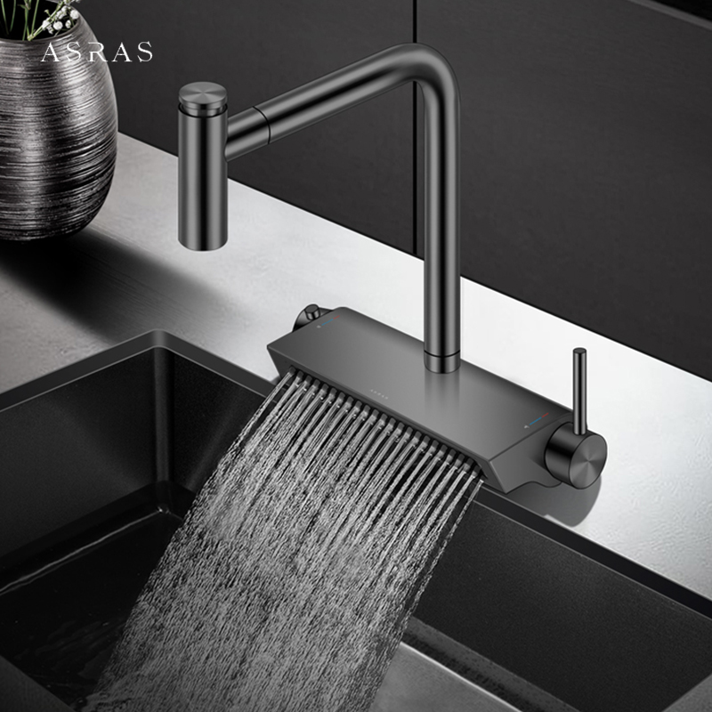 Commercial Kitchen Mixer Tap - Black Brass Waterfall Faucet Hot And