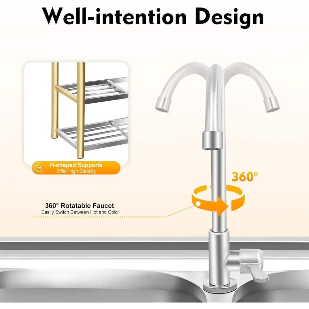 Commercial Kitchen Double Sink - Stainless Steel Kitchen Sink,2 Basins,3-Layer Freestanding