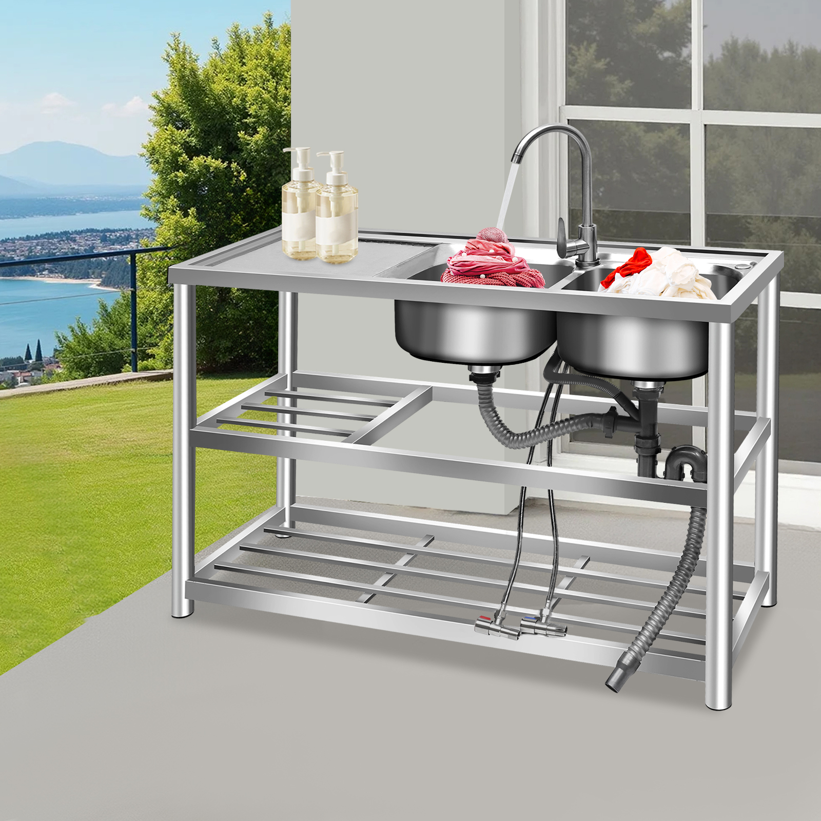 NEW Freestanding Kitchen Prep  - مراجعة Commercial Kitchen Double Sink وسعره